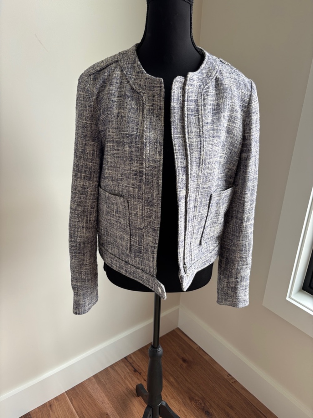 Collarless Blue and WhiteTweed Jacket - Elegant Everyday Blazer